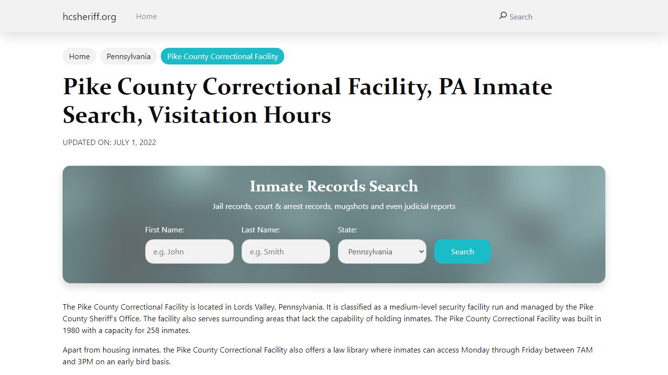 Pike County Correctional Facility, PA Inmate Search, Visitation Hours